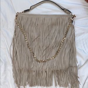 Taupe Fringe Bag with Gold Chain